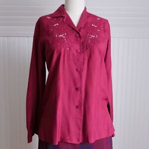 70s Burgundy‎ Floral Embroidered Silk Blouse